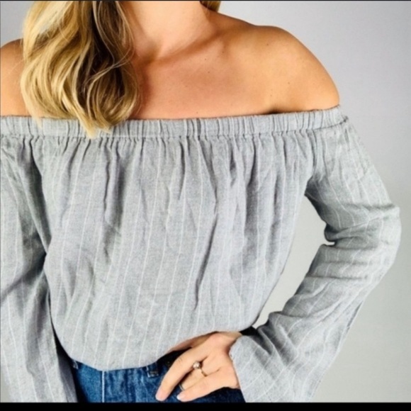Cloth & Stone Grey Stripe Off shoulder Top - Picture 1 of 8